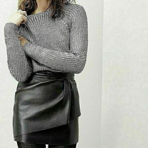 Maje Blk Genuine Lamb Leather Mini Skirt with asymmetrical pleated detail Size40